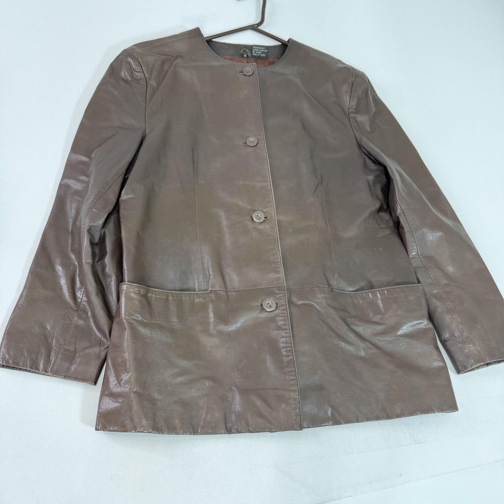 Saks Fifth Avenue Leather Jacket Womens 10 Brown Collarless Button Front Lined